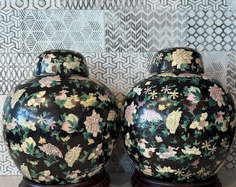 Vintage Chinese Cloisonné Ginger Jars, Black Floral Enamel Vase Pair
