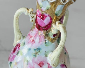 Vintage Nippon Hand Painted Porcelain Vase – Pink Roses, Gold Gilt, Tri Handle