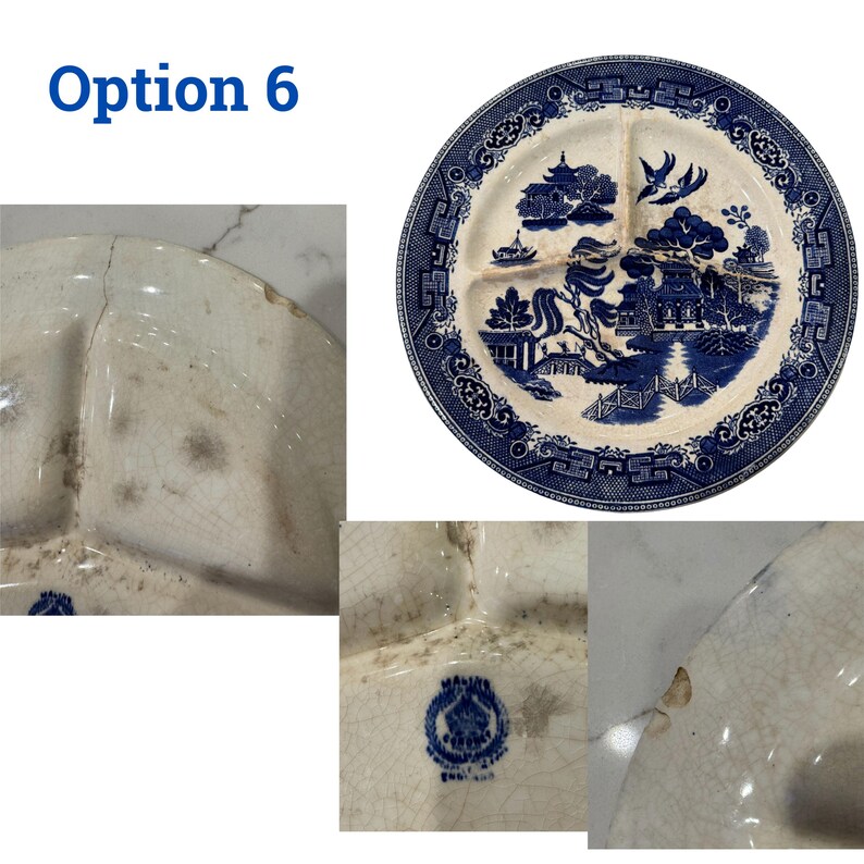 May include: A vintage divided plate with a blue and white Willow pattern. The plate features a central landscape scene with pagodas, bridges, and figures. The plate is divided into three sections and has a decorative border. The text "Option 6" is in the upper left corner.