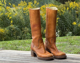 Vintage 70s Frye Campus Boots Women 6.5 B | Sunrise Orange Black Label | Made in USA Tall Square Toe