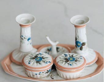 Vintage Limoges Porcelain Vanity Set – French Dresser Tray, Boxes, Candlesticks