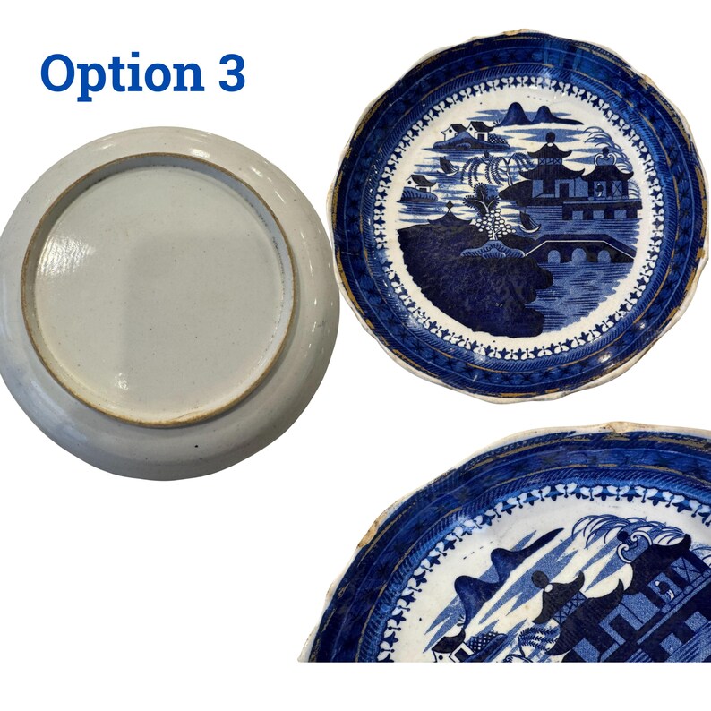 May include: Three blue and white ceramic plates. One plate is upside down, showing the unglazed bottom. The other two plates have a detailed landscape design with buildings and bridges. The plates have a scalloped edge and a blue border. The text "Option 3" is in the upper left corner.