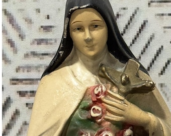 Vintage Chalkware Saint Therese Statue: Little Flower Catholic Figurine, Religious Decor