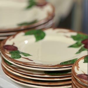 May include: A stack of cream-colored ceramic plates with a brown rim and a fruit and leaf design. The plates feature green leaves and maroon fruit. The plates are stacked on top of each other.