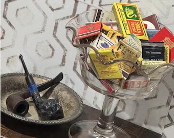 Vintage Matchbook Collection in Glass Compote | Advertising Memorabilia Display