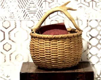 Antler Handle Handwoven Artisan Basket by Blue Moon Basket (BMB)