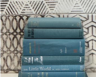 Turquoise Blue Vintage Books, Set of 7 Coastal Home Decor Stack, Shelf Styling