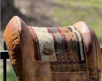 Vintage Leather Saddle – Camel Tuareg Embroidered Leather Decor, North African Footstool