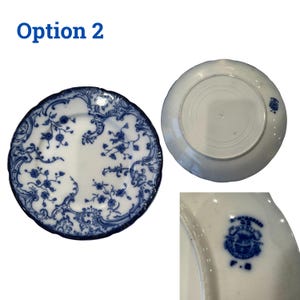 May include: White and blue porcelain plate with a floral design. The plate has a scalloped edge and a detailed blue pattern. The text "Option 2" is in the upper left corner. The back of the plate and a close-up of the stamp are also shown.