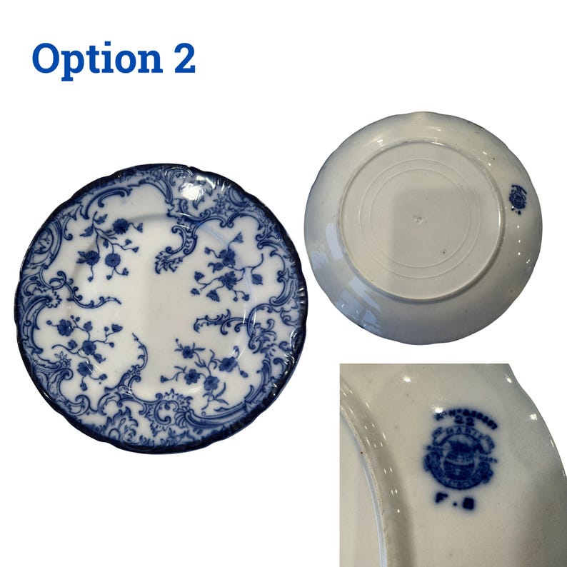 May include: White and blue porcelain plate with a floral design. The plate has a scalloped edge and a detailed blue pattern. The text "Option 2" is in the upper left corner. The back of the plate and a close-up of the stamp are also shown.