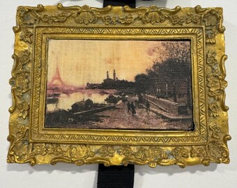 Tiny Vintage Paris Wall Art Print | G LaLoue Eiffel Tower Scene, Ornate Gold Frame