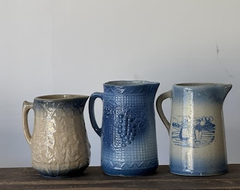 Vintage Stoneware Pitchers | Blue Salt Glaze Farmhouse Decor, Dutch Scene, Red Wing Pottery