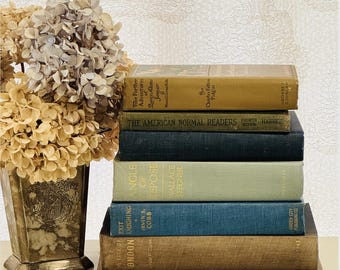 Pila de libros antiguos para decoración de interiores / Libros de tapa dura decorativos en tonos neutros, estilo de principios del siglo XX.