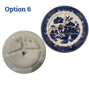 May include: Two antique divided plates. One is white with a blue floral emblem, the other is a blue and white Willow pattern plate. The Willow pattern plate has a detailed landscape design with a bridge, trees, and birds. The text "Option 6" is in the upper left corner.