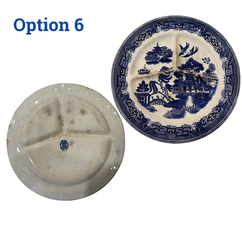 May include: Two antique divided plates. One is white with a blue floral emblem, the other is a blue and white Willow pattern plate. The Willow pattern plate has a detailed landscape design with a bridge, trees, and birds. The text "Option 6" is in the upper left corner.
