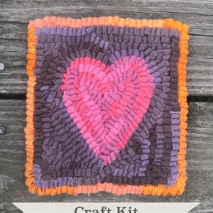Rug Hooking Kit - DIY Fiber Art Project - Pink Heart Complete 6 by 6.5" Primitive Beginner Rug Hooking Kit 100% Wool
