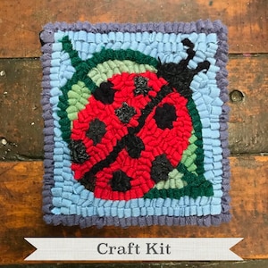 Rug Hooking Kit - Fiber Art Kit - Ladybug Complete 6 by 6.5 inch Primitive Beginner Rug Making Project