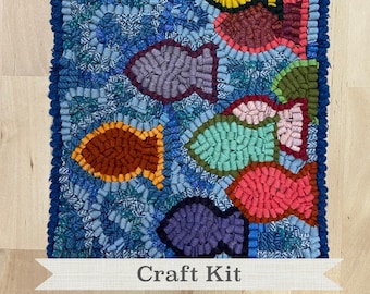 Rug Hooking Kit - School of Fish - Complete 8 by 13 inch Primitive Fiber Art Kit on Your Choice of Foundation