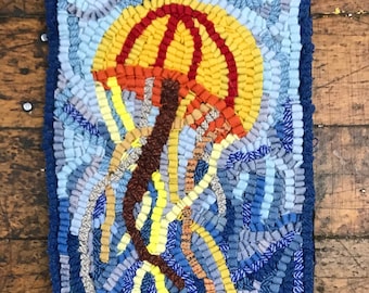 Rug Hooking Kit - The Jellyfish Complete 8 by 15.5 inch Primitive Fiber Art Kit on Your Choice of Foundation