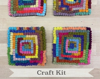 DIY Rug Hooking Coaster Kit: Wool Hit and Miss Design