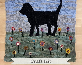 Rug Hooking Kit - Dog Flower Patch - Complete 14 x 16" Rug Hooking Craft Kit, Rug Making, Needle Art