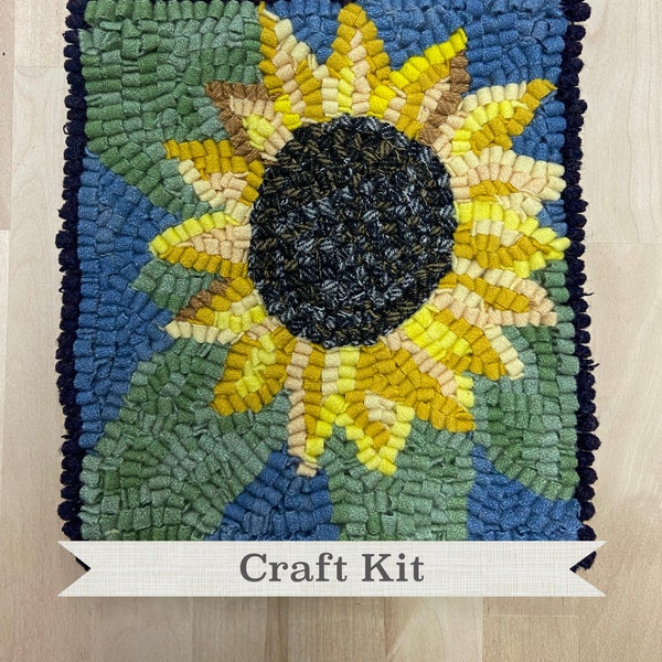 Rug Hooking Kit - DIY Wool Rug Hook Kit - The Sunflower Complete 7.5 by 8.5 inch Primitive Beginner Rug Making Kit