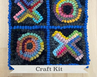 DIY Rug Hooking Kit: X's & O's Beginner Craft, 8x8 inch