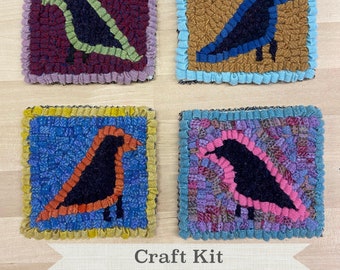 Rug Hooking Kit - DIY Wool Coaster Kit - Rainbow Birds - Complete Rug Hooking Kit - Make Your Own Coaster Set