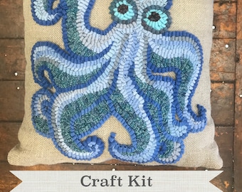 Rug Hooking Kit - 100% Wool DIY Rug Hook PILLOW KIT - Blue Octopus Obsession - Complete Modern Rug Hooking Kit - 16 x 16 Inch Linen Pillow