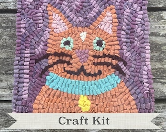 Orange Cat Rug Hooking Kit: Beginner DIY Fiber Art (8x8 inch)