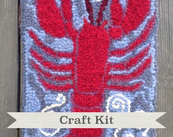 Rug Hooking Kit - Red Red Lobster Complete 10 by 14 inch Primitive 100 % Wool Fiber Art Kit on Choice of Foundation
