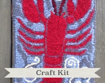 Red Lobster Rug Hooking Kit: Primitive Wool Fiber Art (10x14 inch)