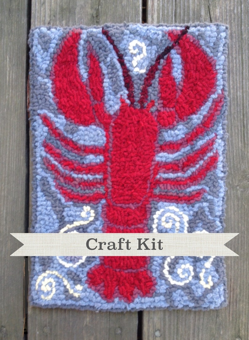 Rug Hooking Kit Red Red Lobster Complete 10 by 14 inch Primitive 100 % Wool Fiber Art Kit on Choice of Foundation image 1