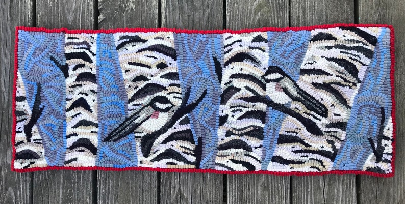 Rug Hooking Kit Chickadees and Birch Trees Complete 13 x 33 Primitive Fiber Art Kit on Your Choice of Foundation image 2