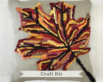 Rug Hooking Kit - DIY Wool Fiber Art Kit - Autumn Leaf - Make Your Own 16 x 16 Inch Linen Pillow