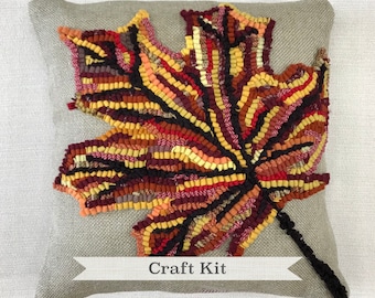 Rug Hooking Kit: DIY Autumn Leaf Wool Pillow (16 x 16 Inch)