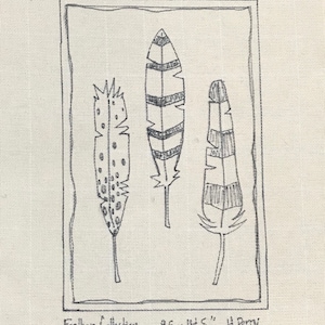 Puede incluir: Un dibujo en blanco y negro de tres plumas en un marco. Las plumas son estilizadas y tienen diferentes patrones. El texto debajo del marco dice "Feather Collection 9.5 x 14.5" H. Perry".