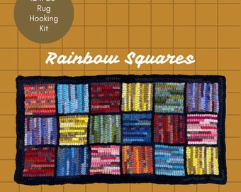 Rainbow Squares Rug Hooking Kit: Beginner Friendly DIY Craft (12x23 inch