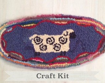 Rug Hooking Kit - Oval Sheep 100% Wool - 7.5 by 15" Primitive Beginner Rug Hooking Kit on Your Choice of Foundation