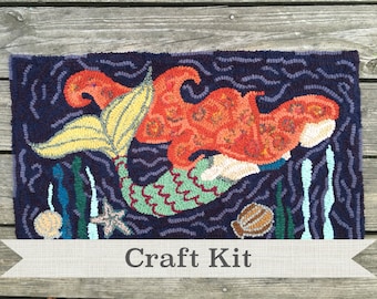 Rug Hooking Kit - Make Your Own Hooked Rug - Deep Sea Mermaid Complete 14.5 by 26" Primitive Rug Hooking Kit Wool