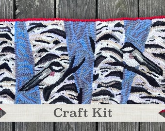 Rug Hooking Kit - Chickadees and Birch Trees  - Complete 13 x 33" Primitive Fiber Art Kit on Your Choice of Foundation