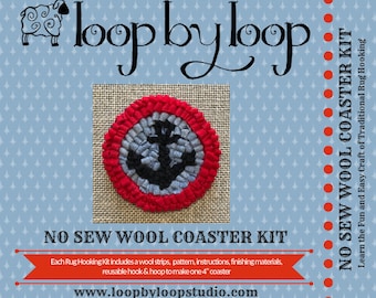 Rug Hooking Kit - No Sew Coaster - Anchors Away - Make One 3 inch Round Coaster!