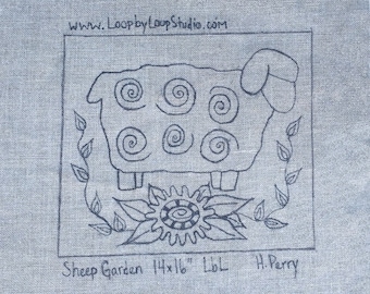 Sheep Garden Rug Hooking Pattern: Hand Drawn Primitive Design (14x16 inch)