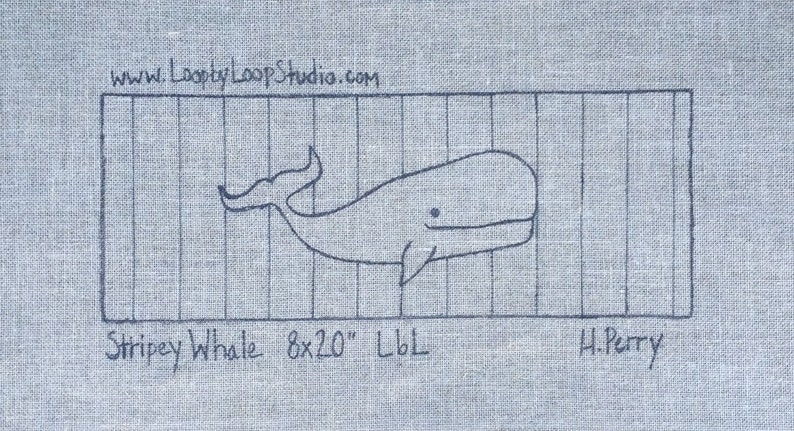 Original Hand Drawn 8 x 20 inch Rug Hooking Pattern on Your Choice of Foundation Stripey Whale