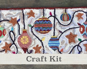 Rug Hooking Kit - 100% Wool DIY Rug Hook Kit - Festive Ornaments Complete 12 x 24" Fiber Art Kit on Your Choice of Foundation - Fiber Art