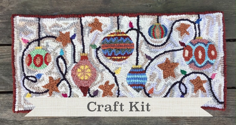 Rug Hooking Kit 100% Wool DIY Rug Hook Kit Festive Ornaments Complete 12 x 24 Fiber Art Kit on Your Choice of Foundation Fiber Art image 1