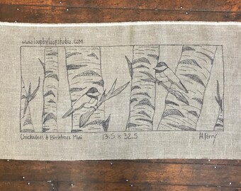 Chickadees and Birch Trees Rug Hooking Pattern: Hand Drawn Linen (13.5x32.5)