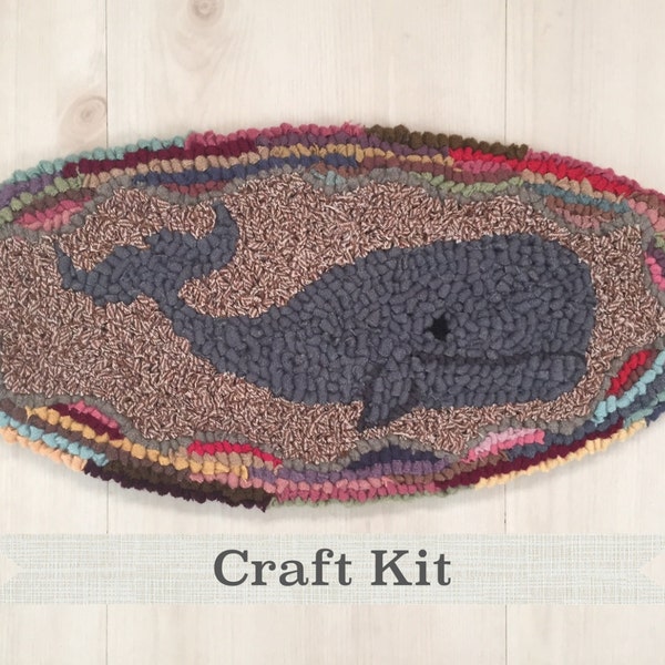 Rug Hooking Kit - DIY Hooked Rug Kit - Oval Whale Complete 7 by 15 inch Primitive Beginner Rug Hooking Kit