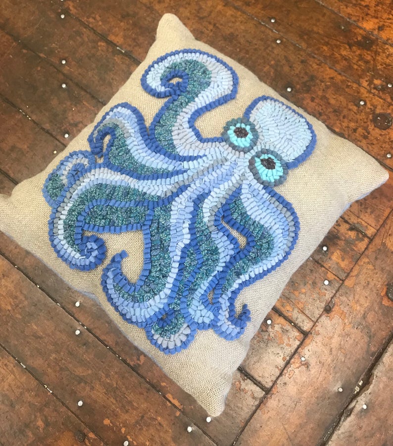 Rug Hooking Kit 100 Wool DIY Rug Hook PILLOW KIT Blue Etsy