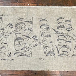 Chickadees and Birch Trees Large  - Original Hand Drawn 13.5 by 37 inch Rug Hooking Pattern on Your Choice of Foundation
